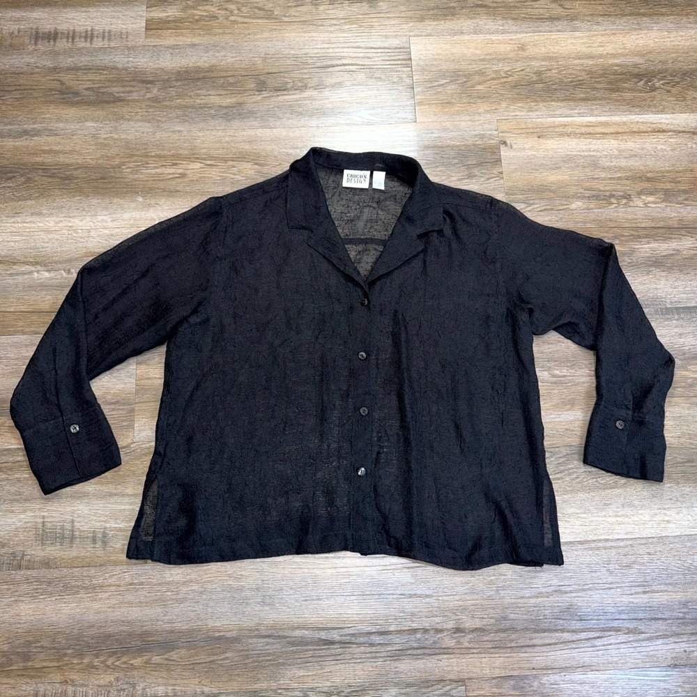 Chico's Blouse Top Womens 2 Black Sheer Long Sleeve Button Up Casual Outdoor